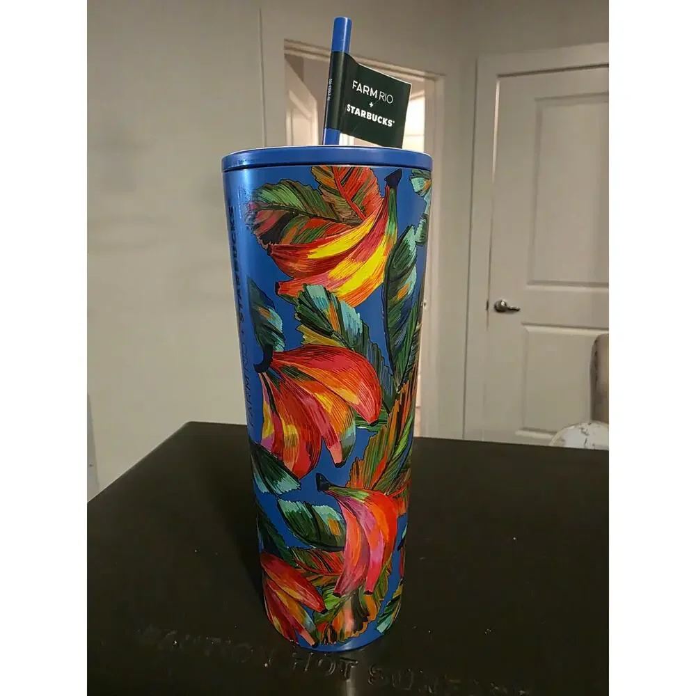 Starbucks Farm Rio Blue Straw Tumbler with Pink Bananas